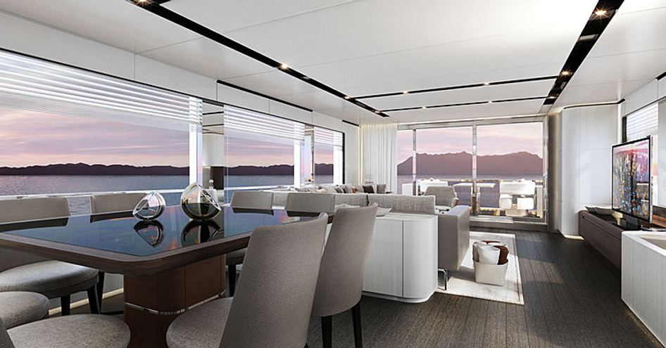 glass-topped dining table surrounded by white chairs in front of sofa on the upper deck of the Astondoa AS8 yacht