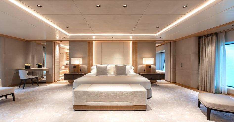 The cabins onboard Admiral superyacht JAS utilize neutral tones for a calming aesthetic