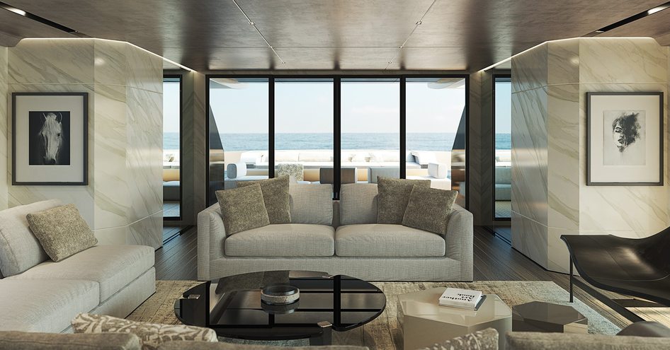 light grey sofa behind black circular coffee table and in front of sliding glass doors in the main salon of the first Sanlorenzo 44Alloy