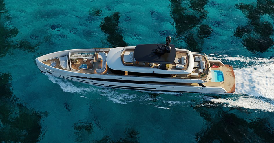 Aerial view rendering of Sirena Yachts 50m Superyacht, surrounded by sea.