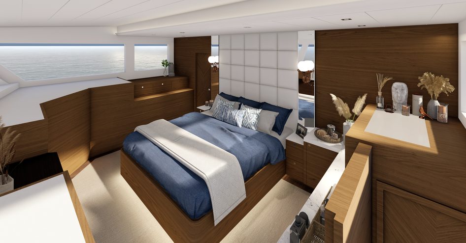 Overview of a cabin onboard Horizon PC68. Central berth facing forward with extensive window on port side and stowage on starboard.