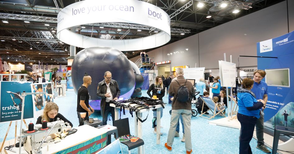 Overview of Boot Dusseldorf exhibits in the Love Your Ocean area.