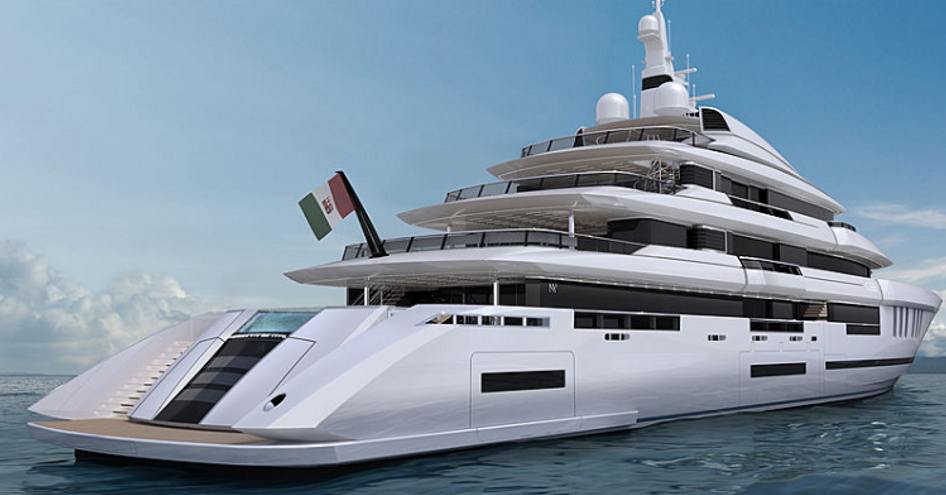 rendering of white exterior of model from the Continental line anchored on calm water