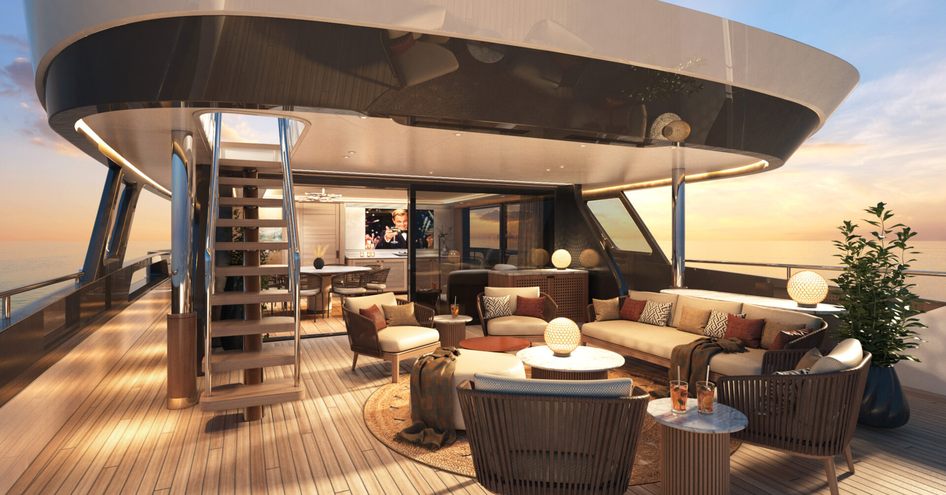 Superyacht Project Samba's aft deck showcases freestanding furniture and a warm color palette