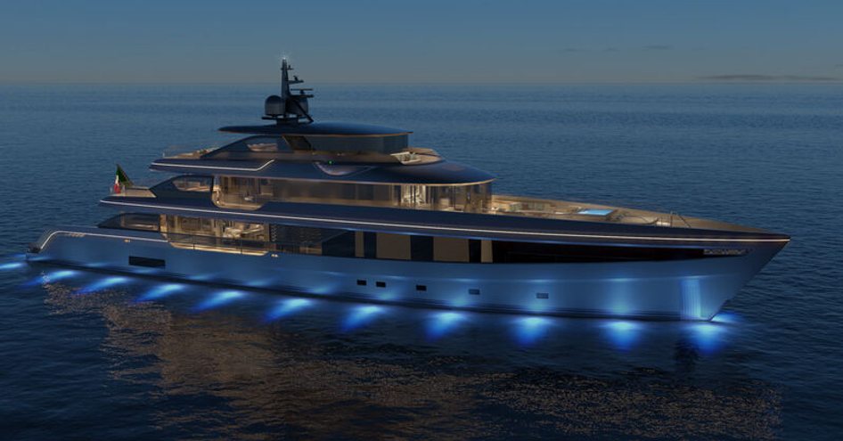 Side view of Admiral Panorama 50 superyacht at night, with underwater blue lights visible. Surrounded by sea.