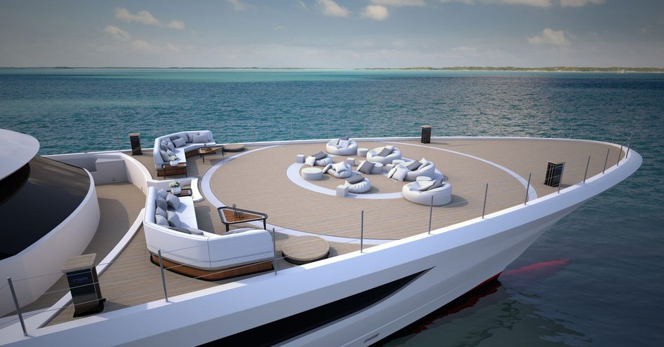 touch and go helipad on the foredeck of superyacht Project Cosmos serving as a lounging area with sun pads and seating