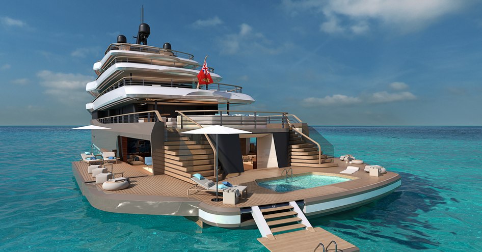 Moonflower 72 superyacht beach club rendering, surrounded by sea.