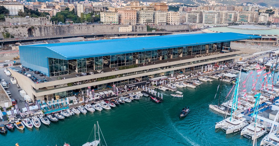 Split level exhibition space at Piazzale John Fitzgerald Kennedy during the Genoa International Boat Show.