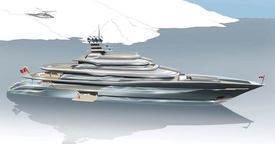 Sketch of superyacht concept THEIA on water