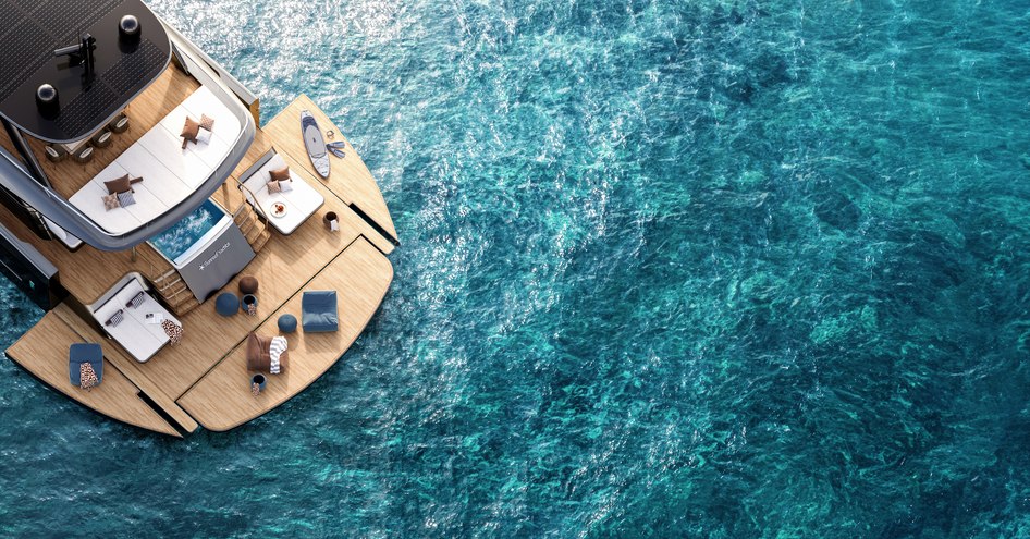 sunreef catamaran aerial view of beach club