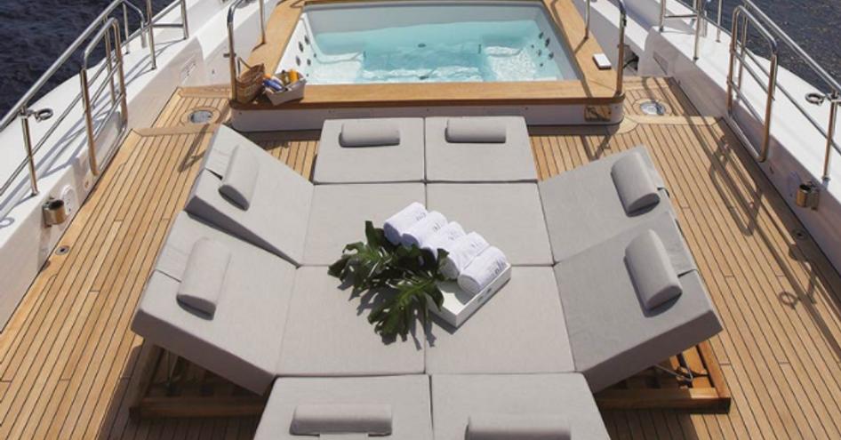 Overhead view looking down on sunpads onboard motor yacht LOUI