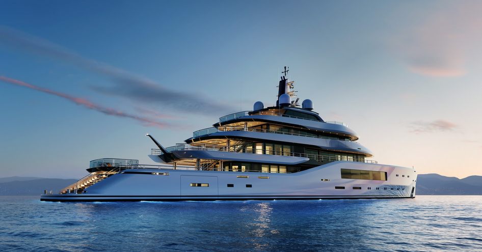 Aft view side on to Amels 80. Rendering of superyacht underway at dusk, heading towards island.