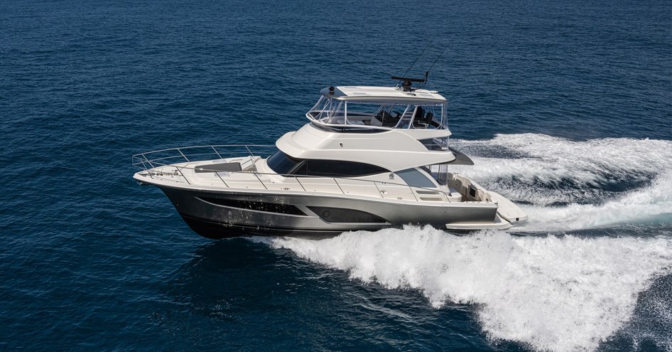 Riviera 46 sports motor yacht running shot port aspect