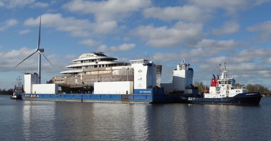 Lurssen superyacht Ace 21 being transported by tug boats by Bremerhaven.