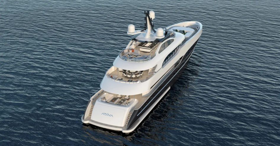 Aft view of superyacht ATINA at sea.  