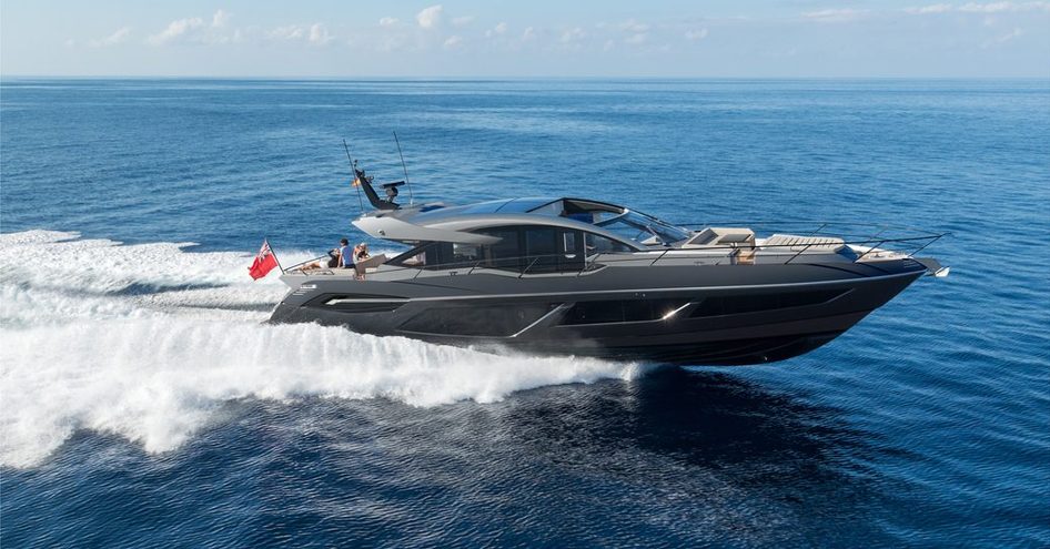 Side view of Sunseeker Predator 74 XPS underway, surrounded by sea