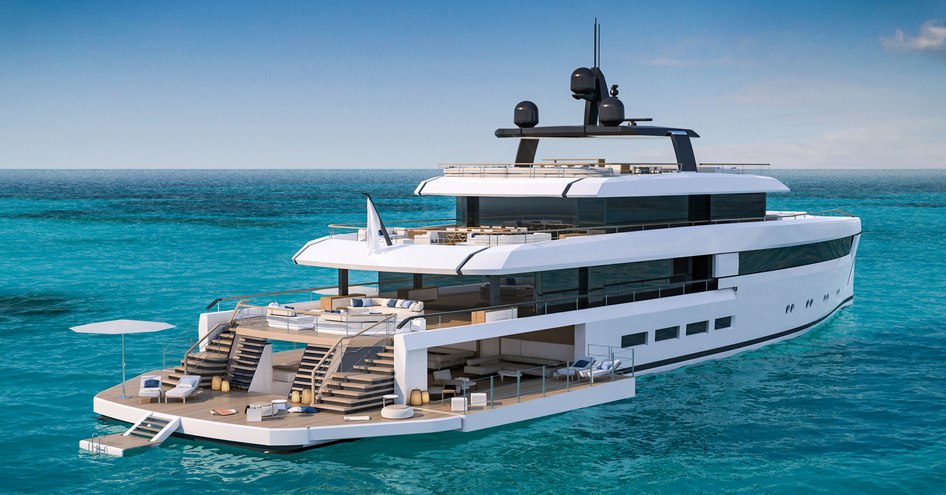 CGI of Nauta 54m Wide concept with beach club open and platforms down