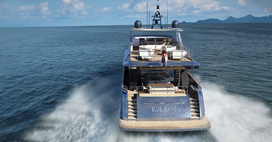 Blue Jeans superyacht viewed from behind on water