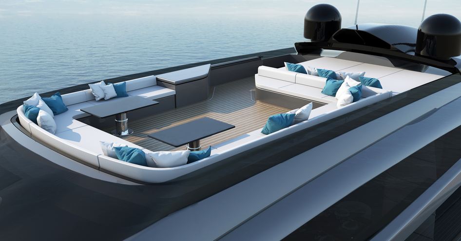 Flybridge on Otam yacht CGI with seating and tables