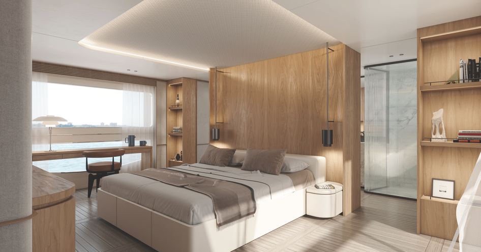 Interior rendering showing cabin with double bed