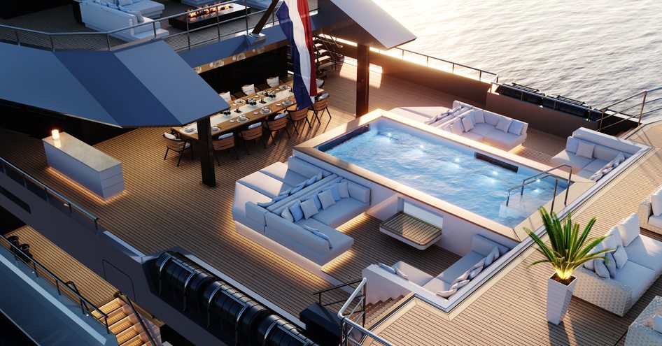 CGI showing upper deck swimming pool and living area