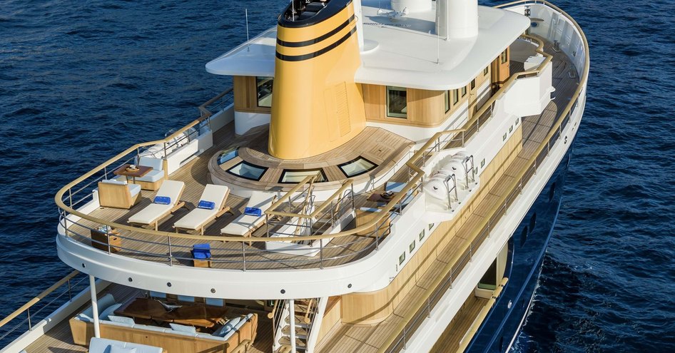 View of sunbeds on top deck of explorer yacht Blue II 