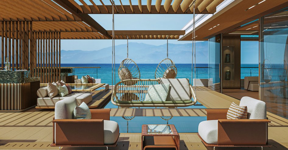 Expansive terraces and versatile seating areas provide panoramic views of the sea