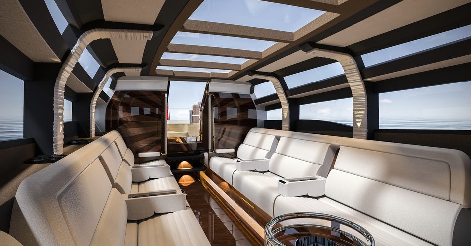 CGI of interior of Wooden Boats tender showing comfortable seating and lots of windows