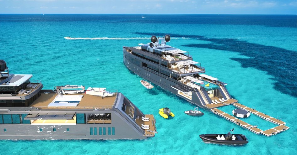 Twins concept on water with tenders and toys between the two yachts