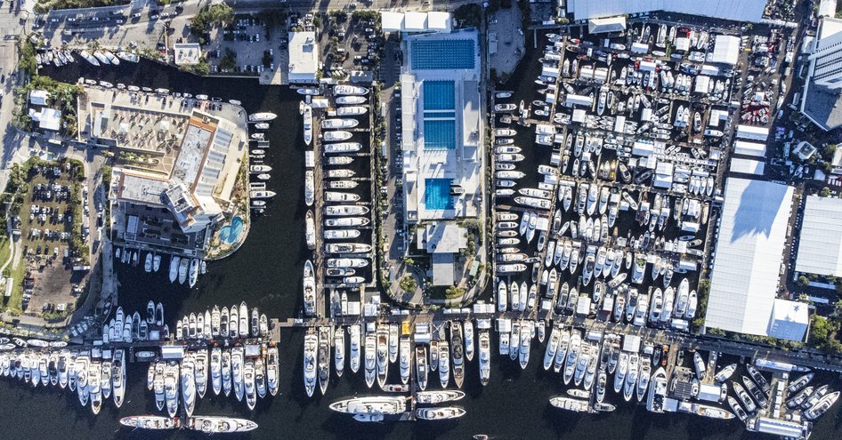 An aerial shot of FLIBS 2023, showing the vast amount of yachts and boats at the show