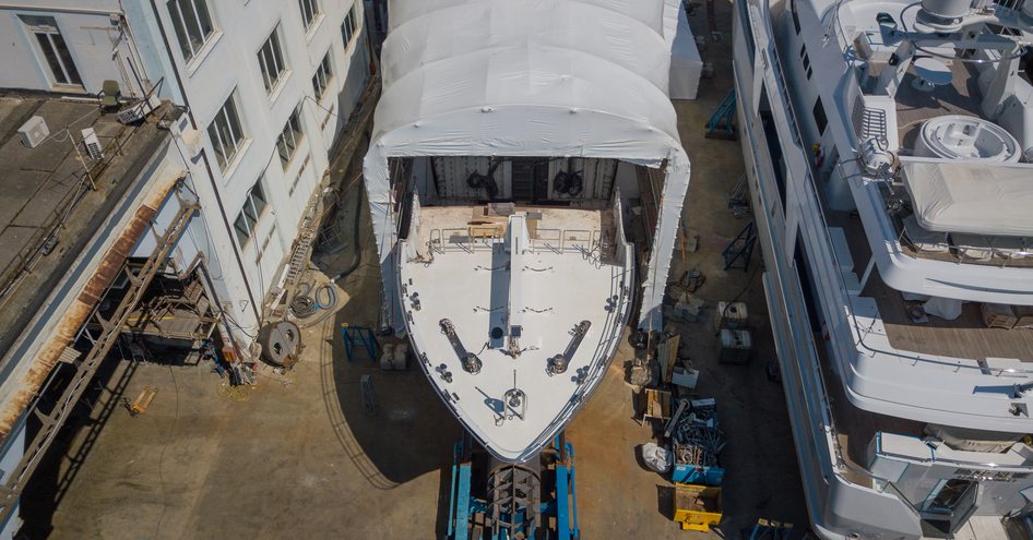 Explorer yacht Far Far Away in refit yard