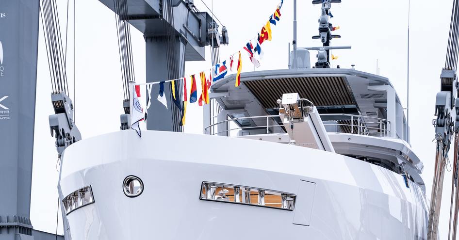 A bow shot of explorer yacht TREMENDA being launched by CdM