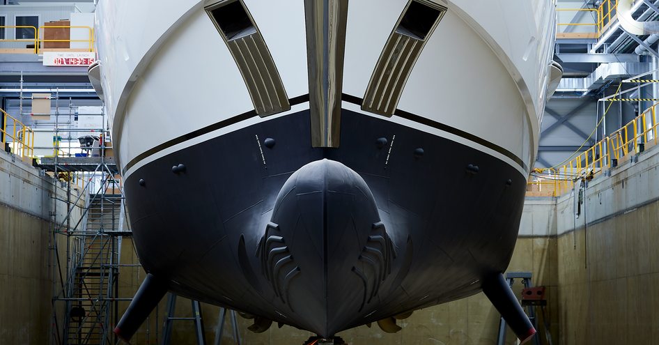 the fore section of the hull of superyacht Project Castor while suspended in its dry dock at the Heesen shipyard