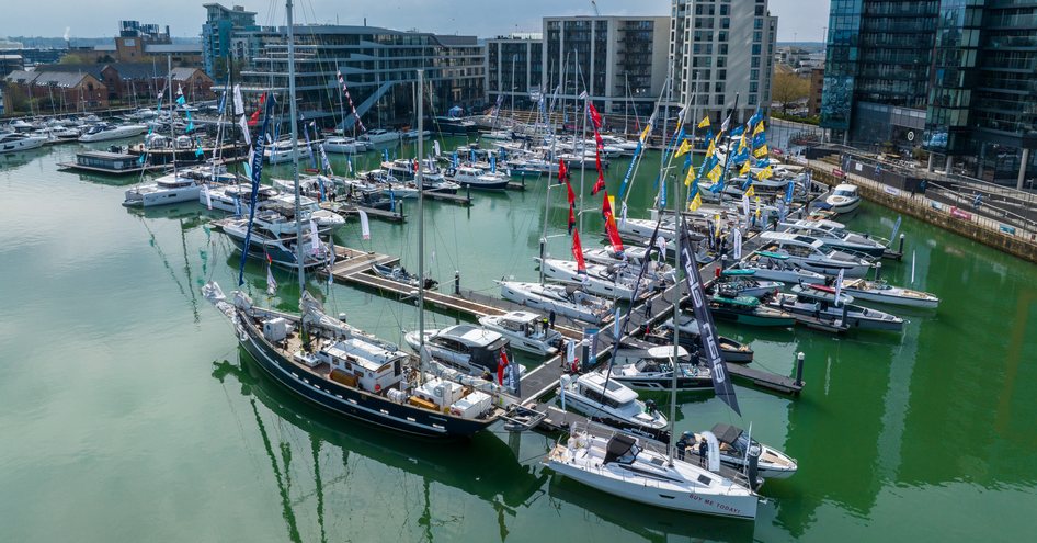 Elevated view of Ocean Village Marina in Southampton with many yachts for sale berthed