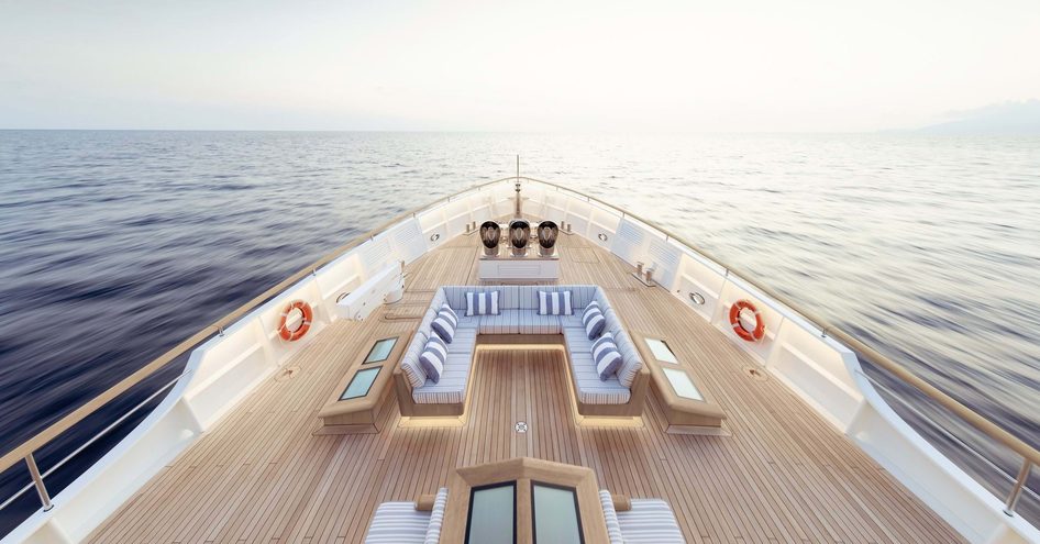 View of exterior decking and sea ahead on explorer yacht Blue II