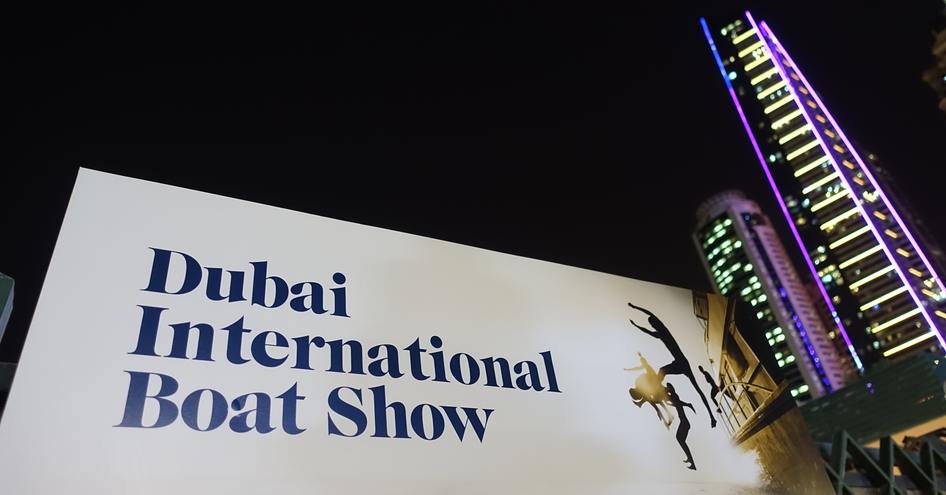 Dubai International Boat Show signage at night