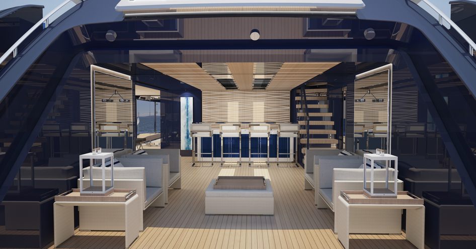 Wooden decking area on ISA Classic superyacht, with white seating and open plan layout