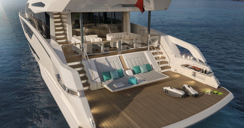 CGI showing large beach club area with sunloungers on 90 Ocean yacht