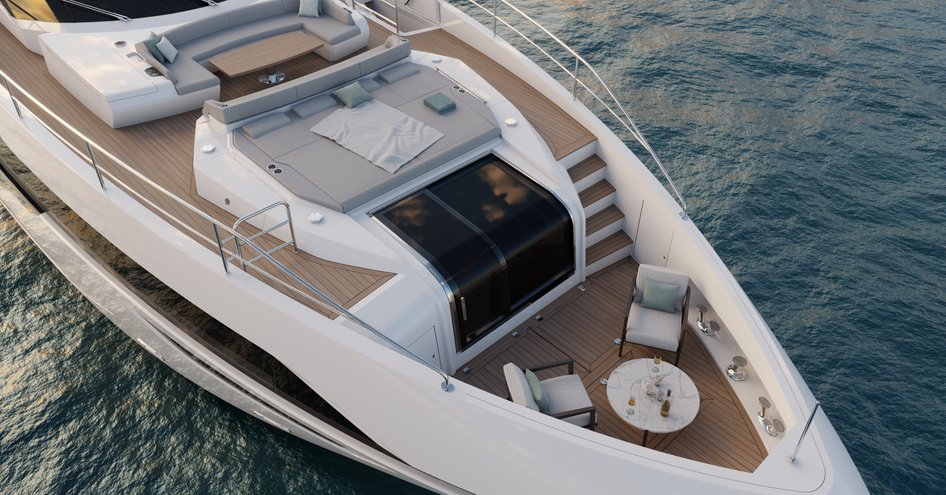 CGI showing bow area and outdoor space of 100 Yacht