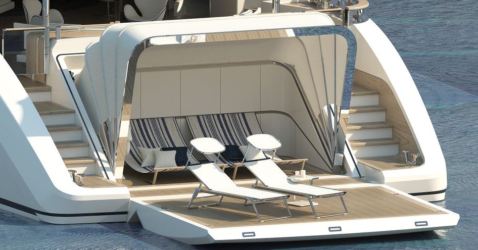 Rendering of beach club with canopy up and sunloungers on swim platform on Benetti Motopanfilo