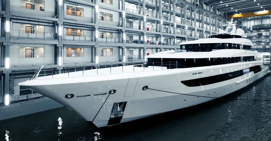 M/Y H3 docked inside her construction shed.