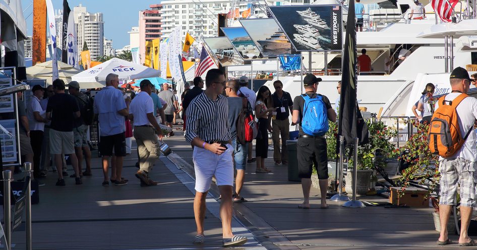 Crowds on docks at Miami International Yacht Show