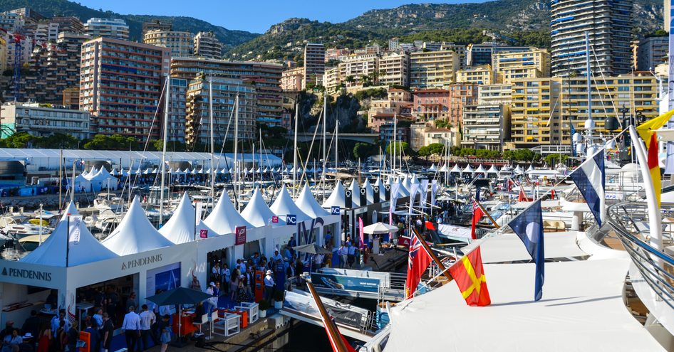 Crowds and marquees at Monaco Yacht Show