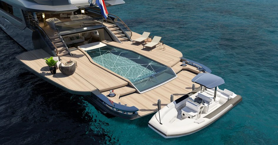 Rendering showing pool and tender on Phathom 60m concept