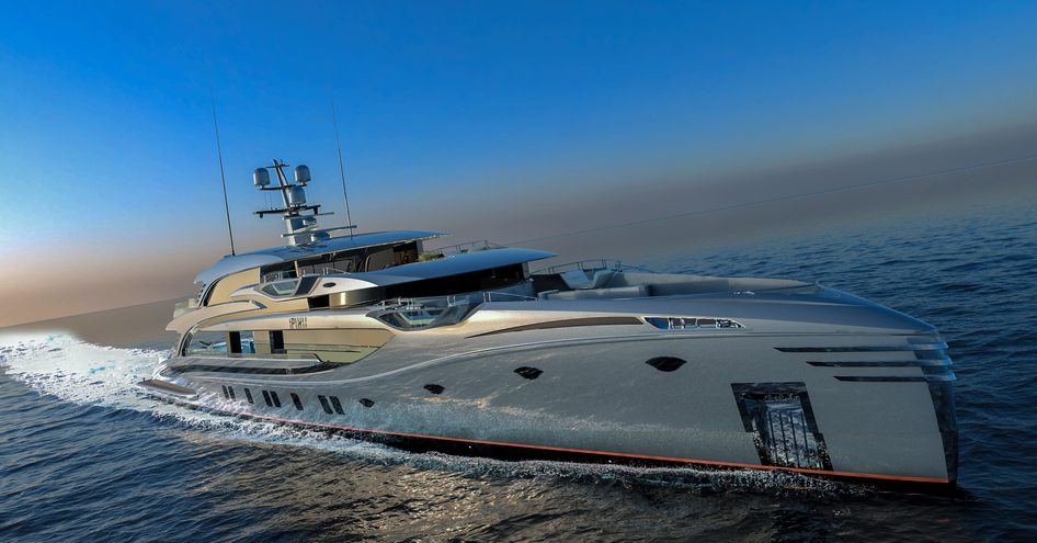 CGI of superyacht PHI on the water