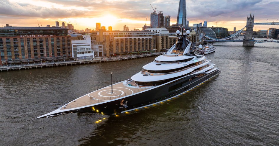 Kismet yacht moored in front  Tower Bridge in London