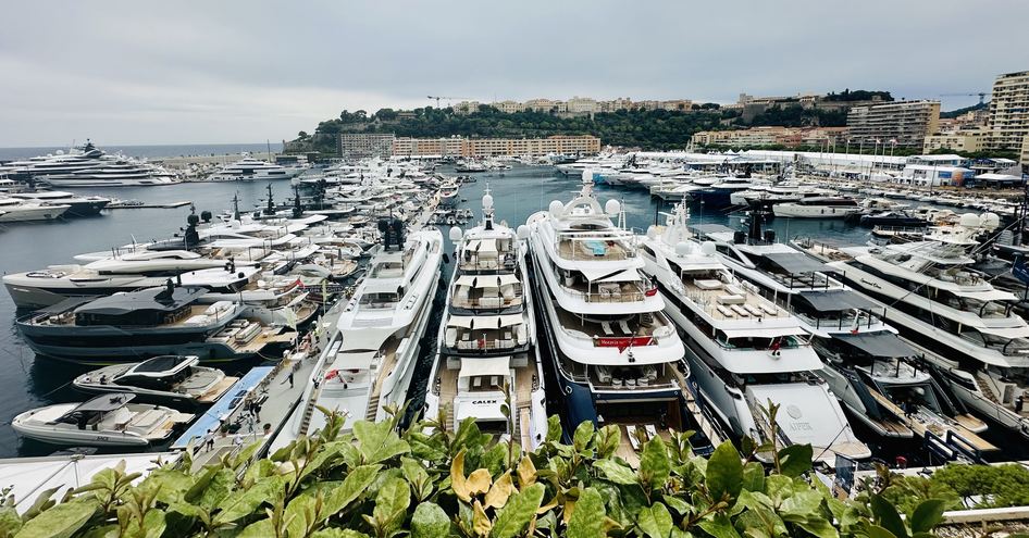 Monaco Yacht Show 2024 taken the day before opening showing superyachts berthed stern to the dock