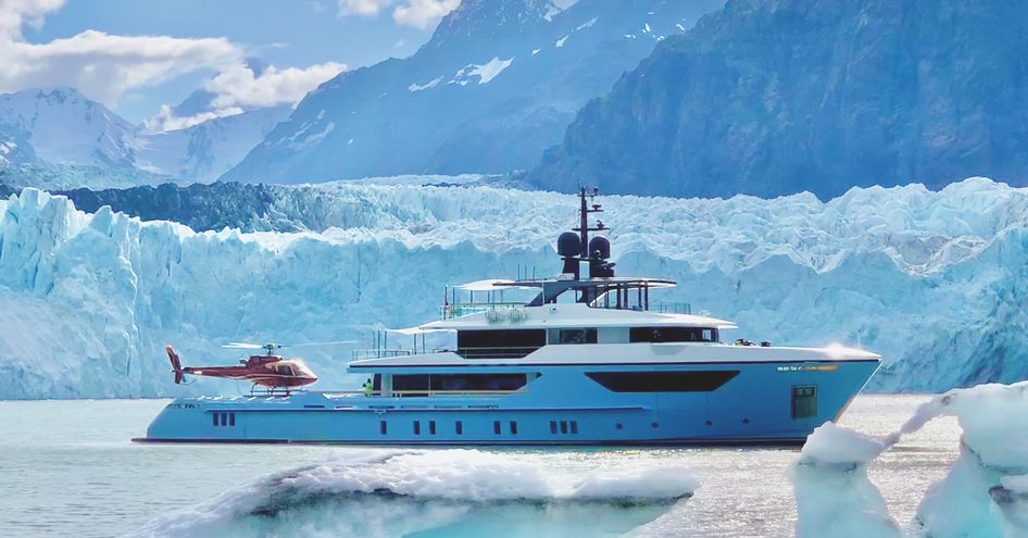 Sanlorenzo yacht Ocean Dreamwalker III in front of icy backdrop