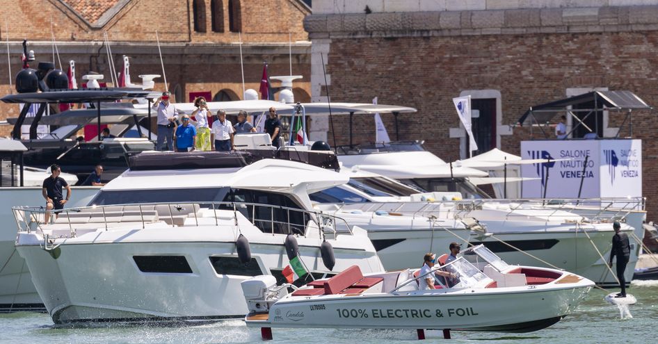 Yachts for sale berthed in Venice Arsenale during Venice Boat Show