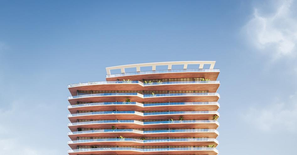 A render showing the exterior of the Riva Residenze